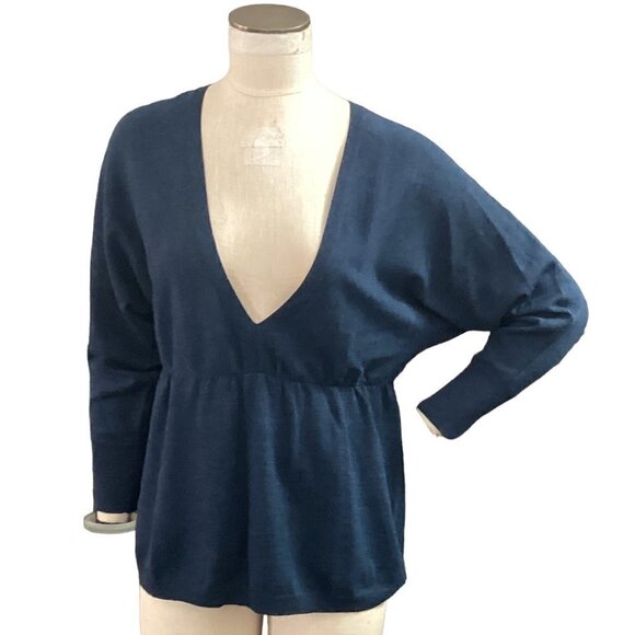 Ann Taylor LOFT M V-Neck Merino Wool-Acrylic-Cashmere Sweater Knit Top Blue 184M - Picture 2 of 7